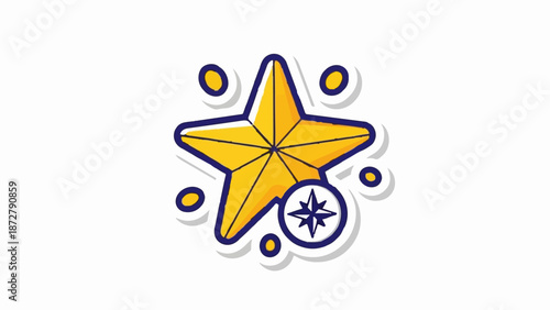 A stylized yellow star with a blue outline, surrounded by dots, and a small compass