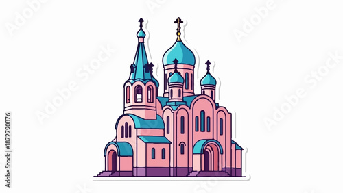 A stylized pink and teal orthodox church with multiple domes and a steeple