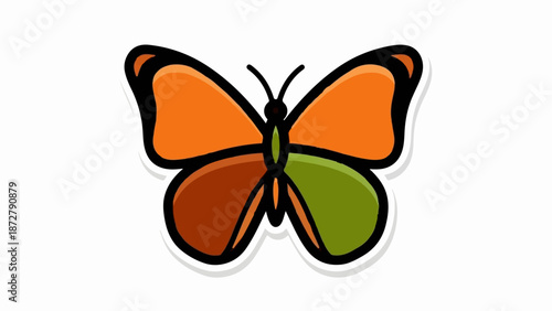 A simple, stylized butterfly illustration with bold black outlines and colorful wings, casting a subtle shadow
