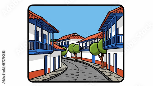 A sunlit street lined with white buildings, blue balconies, and terracotta roofs, curves gently onward
