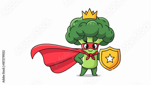 A superhero broccoli character wearing a red cape and a gold crown