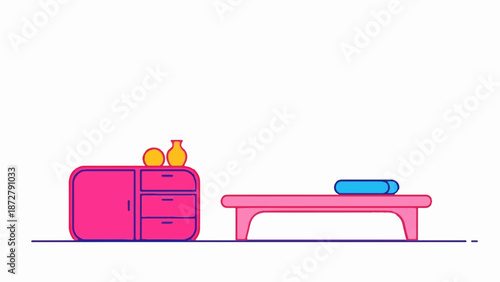 A stylized pink dresser with decorative vases sits beside a pink massage table holding a blue towel