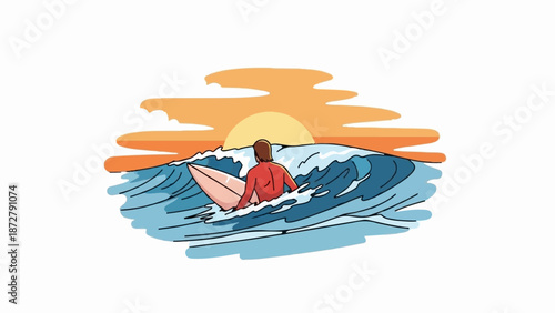 A surfer awaits the perfect wave as the sun sets on the horizon