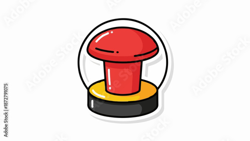 A simple red push button on a black and yellow base within a black circle