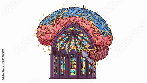 A surreal fusion of a human brain and a gothic church window, vibrant and conceptual