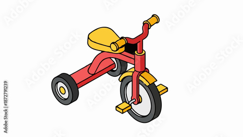 A simple red and yellow child's tricycle with black tires sits on a white background