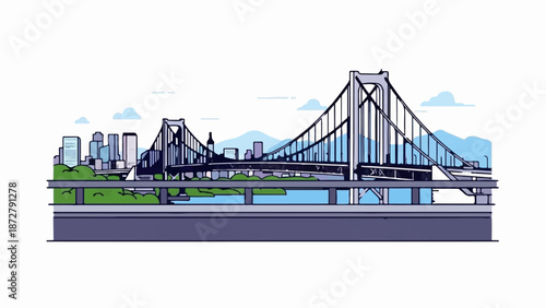 A suspension bridge spans a body of water with a city skyline and mountains in the background