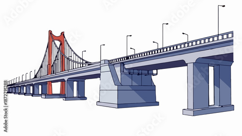 A suspension bridge with red towers and concrete pillars spans across a white background
