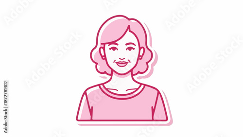A stylized, pink line art illustration of a smiling woman's upper body on a white background