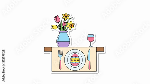 A table setting with a vase of spring flowers, a glass of wine, and an Easter egg