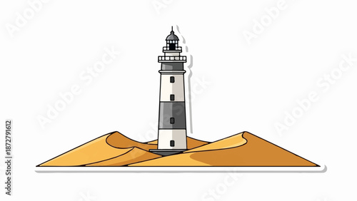 A tall, striped lighthouse stands atop golden sand dunes