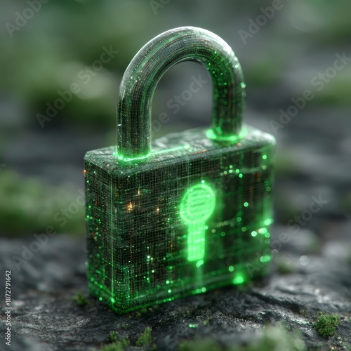 Digital Green Lock Icon With Glowing Effects on a Dark Background