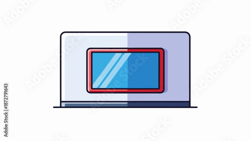 A simple illustration of an open laptop with a bright blue screen and red bezel