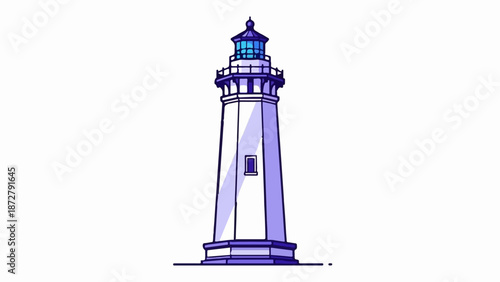 A tall, white lighthouse with a blue lantern room and purple accents