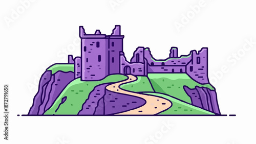 A stylized, pixelated illustration of a purple, ruined castle atop a rocky, green hill with a winding path
