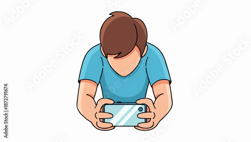 A stylized figure in a blue shirt is absorbed in playing a game on a smartphone