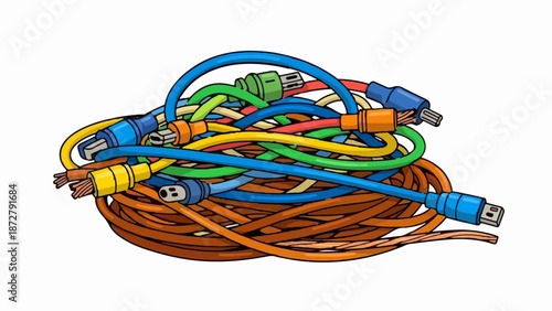 A tangled heap of multicolored electrical wires and connectors