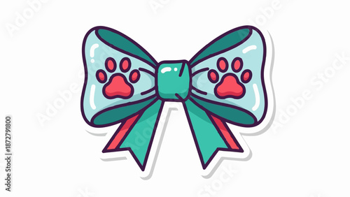 A teal bow with pink paw prints and red accents, outlined in dark purple