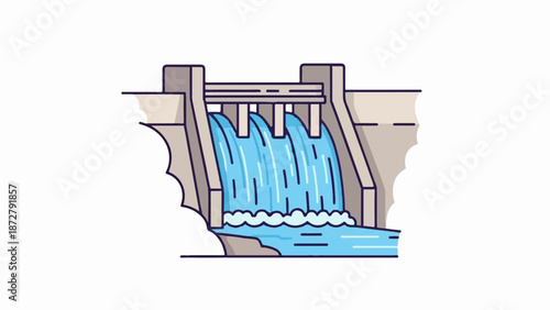 A stylized, flat illustration of a concrete dam with water cascading down