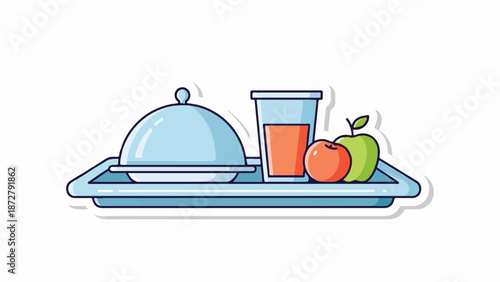 A simple illustration of a meal tray with a covered dish, juice, and apples