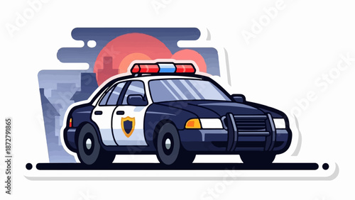 A stylized police car sits on a dark road against a city silhouette and sunset