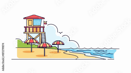 A simple illustration of a lifeguard tower and beach umbrellas on a sandy shore