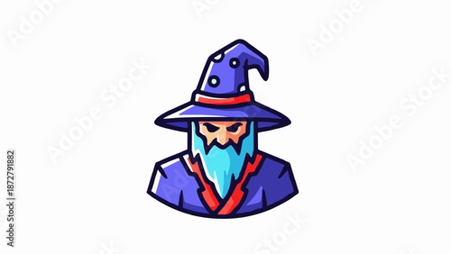 A stylized portrait of a wizard in a blue, polka-dotted hat and robe