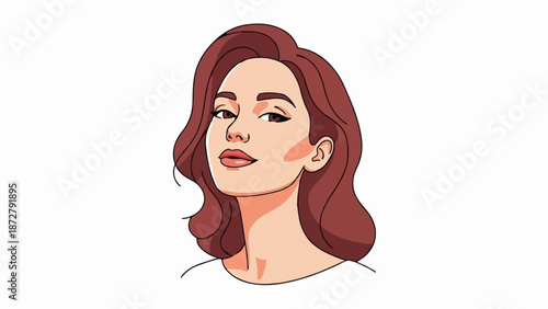 A stylized portrait of a woman with auburn wavy hair and fair skin, looking forward