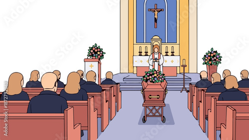 A solemn funeral service in a church with a coffin at the front