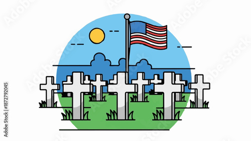 A solemn scene depicts a cemetery with crosses under a sunlit sky