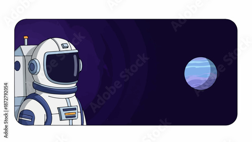 A solitary astronaut gazes at a distant, striped planet against a dark, swirling nebula