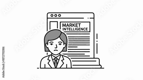 A somber figure in a suit stands before a screen displaying market intelligence data