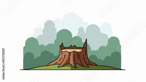 A solitary tree stump stands on a grassy knoll, silhouetted against a hazy, cloud-filled backdrop