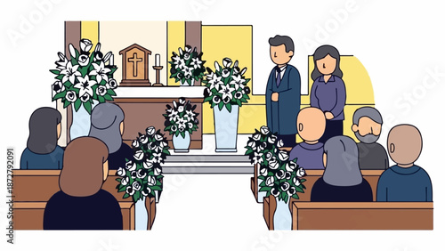 A somber gathering inside a sanctuary, with floral arrangements and attendees seated in pews