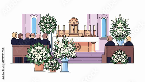 A somber gathering in a church, with attendees seated, floral arrangements, and an altar
