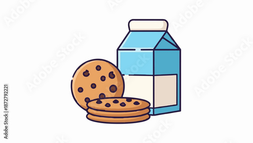 A stack of chocolate chip cookies rests beside a carton of milk