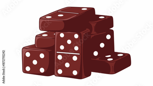 A stack of dark red dominoes with white dots against a white background