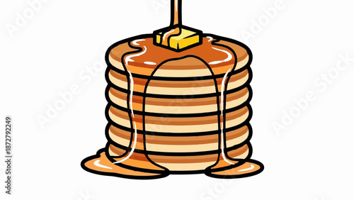 A stack of delicious pancakes is covered in syrup and topped with a melting pat of butter