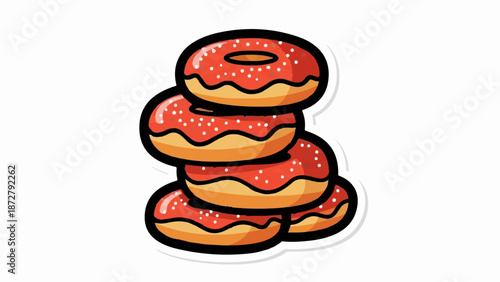 A stack of five red-frosted donuts with white sprinkles on a white background