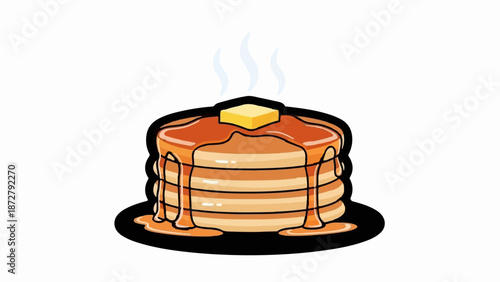 A stack of fluffy pancakes, drenched in syrup, topped with butter, and steaming