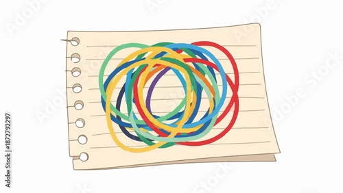 A stack of lined paper features a tangled mess of colorful rubber bands in various hues