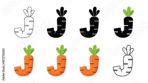 creative alphabet illustrations show the letter j as an orange carrot with green leaves in various silhouettes and outlines.