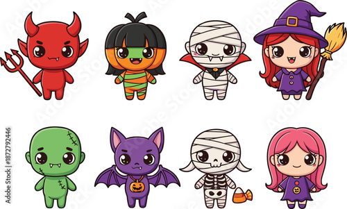 Cute kawaii Halloween monster character set featuring devil pumpkin mummy witch zombie bat skeleton and vampire girl for spooky holiday stickers and children party decorations