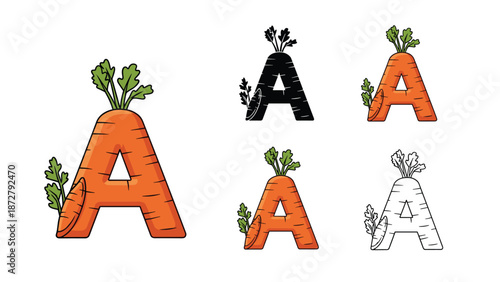 artistic alphabet letter a designed with a carrot theme features multiple graphic variations including line art and flat color.