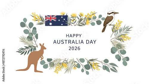 Happy Australia Day 2026 with native animals and floral wreath.