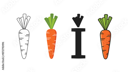 letter i alphabet illustration inspired by a fresh carrot includes various design styles like solid silhouette and line art.