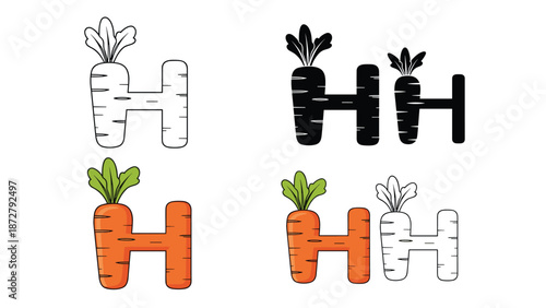letter h graphic design for children alphabet learning features a carrot shape with leaves in different artistic variations.