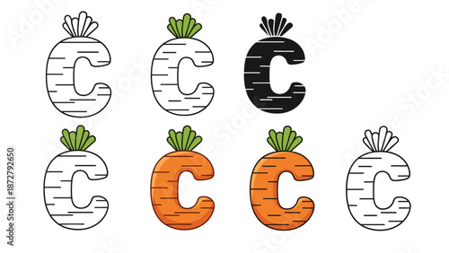 alphabet letter c designed as a rounded carrot with green leaves features several styles from silhouette to detailed line art.