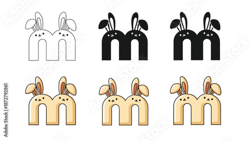 capital letter m alphabet design features cute bunny ears and faces in multiple artistic variations and colored outlines.