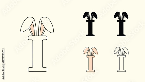 capital letter i design includes long bunny ears and is shown in several graphic styles such as outline and solid silhouette.